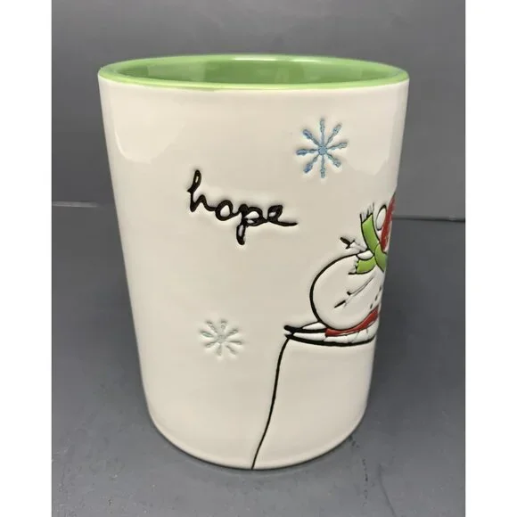 TAG SKIING SNOWMAN HOPE MUG 16 oz Embossed Winter Holiday Xmas Green Interior - Picture 2 of 8
